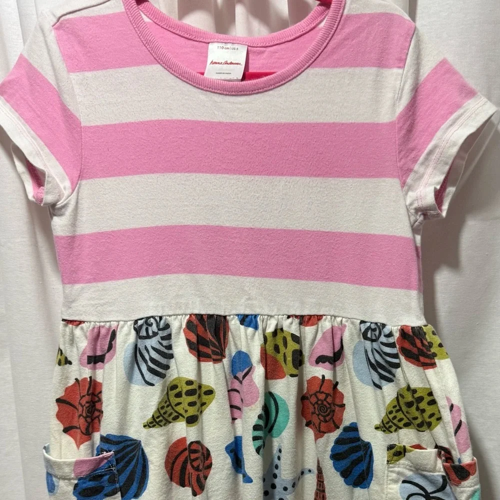Hanna Andersson Pink & White Striped Short Sleeve Dress with Seashell Print
